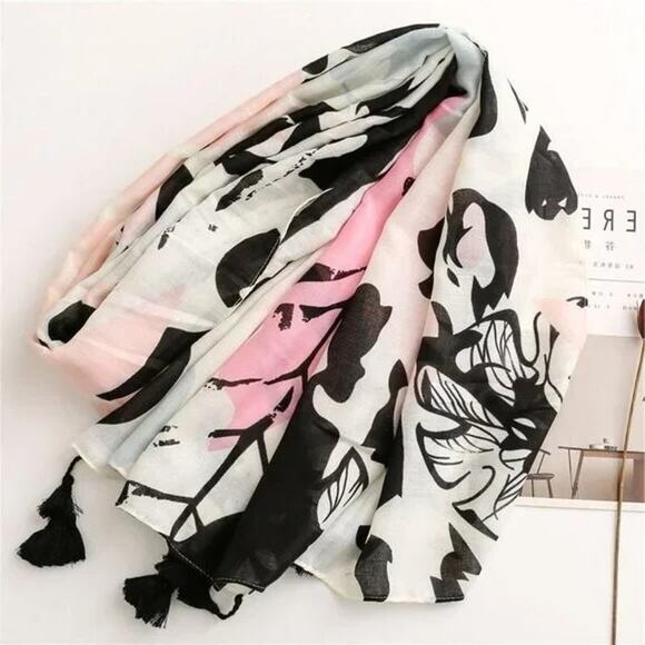 NEW Boho Floral Tasseled Rectangle Soft Chic Scarf Large Pink White Black - Picture 12 of 15
